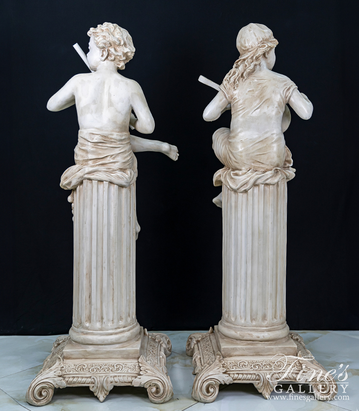 Marble Statues  - Cast Marble Child Flutist And Mandolin Player Pair - MS-1267